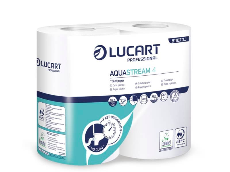 Carta igienica 2 veli Aquastream 4 – Lucart Professional – 400 strappi – Cartone di 14 confezioni da 4 rotoli
