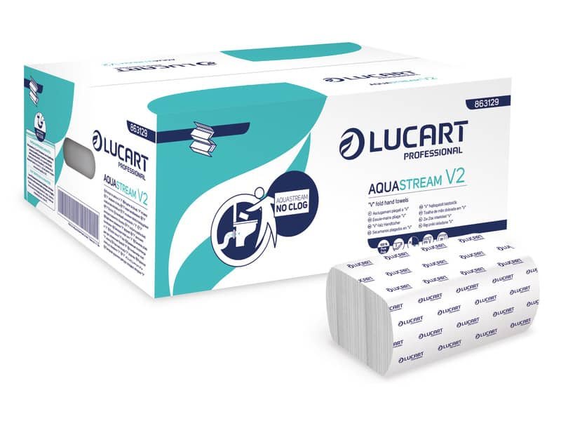 Asciugamano 2 veli Aquastream piegato a ”V” – conf. 20 pacchetti Lucart Professional 170 foglietti – 863129