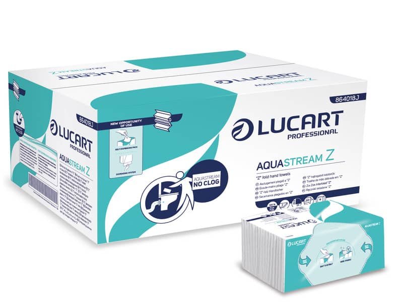 Asciugamano 2 veli Aquastream piegato a ”Z” – conf. 15 pacchetti Lucart Professional 242 foglietti – 864018J