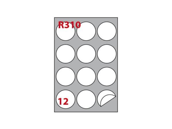 Etichette bianche rotonde permanenti Copiatabu R310 laser/inkjet - 12 et./foglio - conf. 100 ff Markin 60 mm