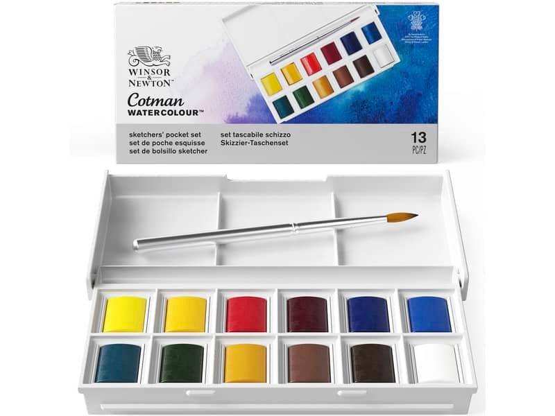 Set acquerelli Sketchers Cotman 12 1/2 godet + pennello Winsor&Newton colori assortiti – 0390640