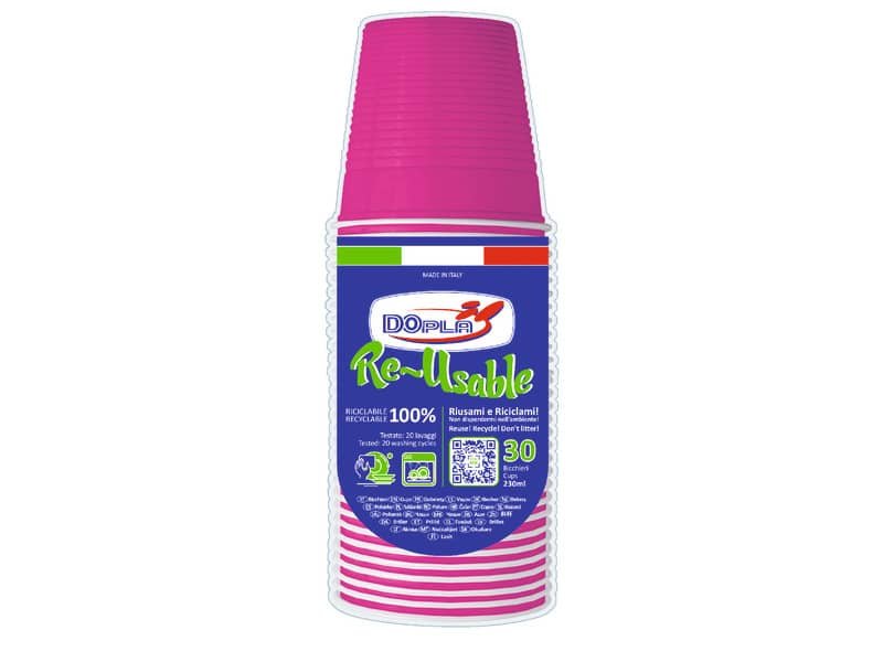 Bicchieri fucsia in polistirene conf. 30 pz Dopla Reusable 230 ml 22699