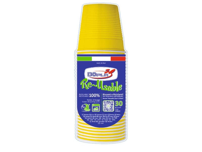 Bicchieri gialli in polistirene conf. 30 pz Dopla Reusable 230 ml 22700