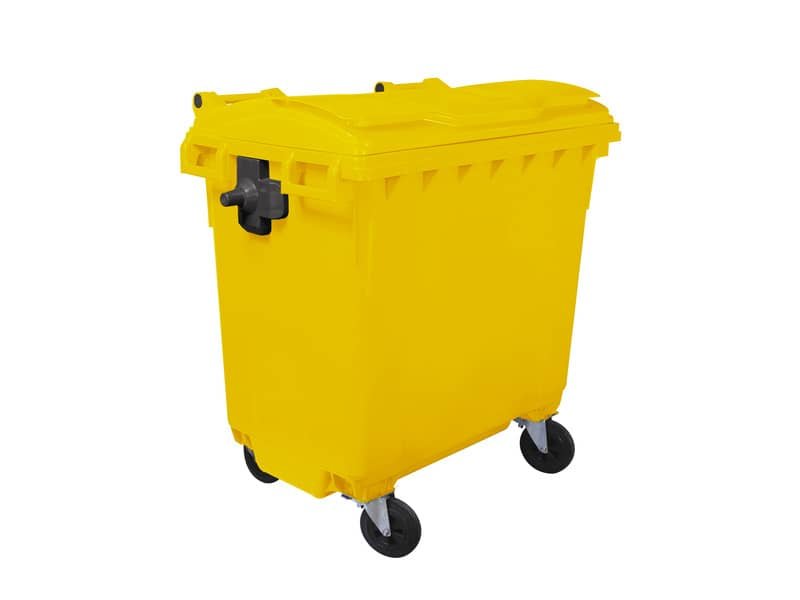 Cassonetto portarifiuti carrellato 770 lt con coperchio piano e maniglie a labbro Mobil Plastic giallo –