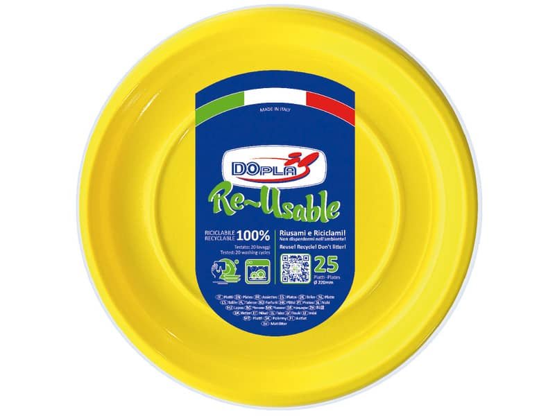 Piatti piani gialli in polistirene h.19 mm conf. 25 pz Dopla Reusable  220 mm 11833