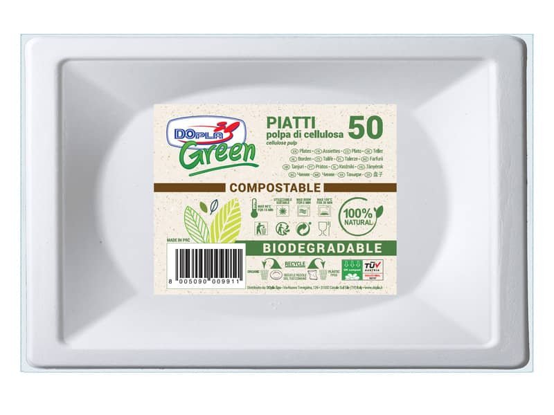 Piatti bianchi rettangolari in polpa di cellulosa conf. 50 pz Dopla Green 152×254 mm – 7766