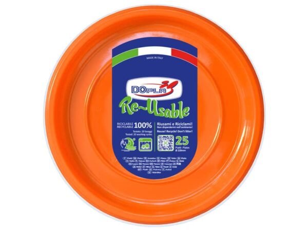 Piatti piani arancioni in polistirene h.19 mm conf. 25 pz Dopla Reusable  220 mm - 11740