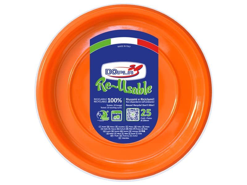 Piatti piani arancioni in polistirene h.19 mm conf. 25 pz Dopla Reusable  220 mm – 11740