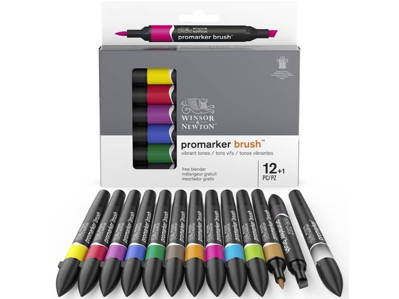 Set 12 pennarelli doppia punta brush colori vivaci assortiti + 1 blender Winsor&Newton – 0290145