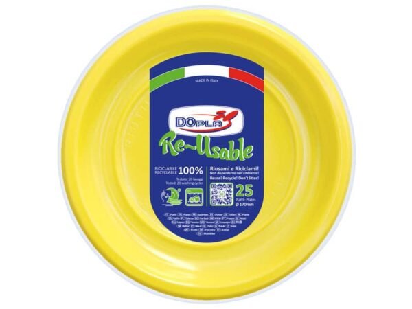 Piatti frutta gialli in polistirene h.18 mm conf. 25 pz Dopla Reusable  170 mm 11754