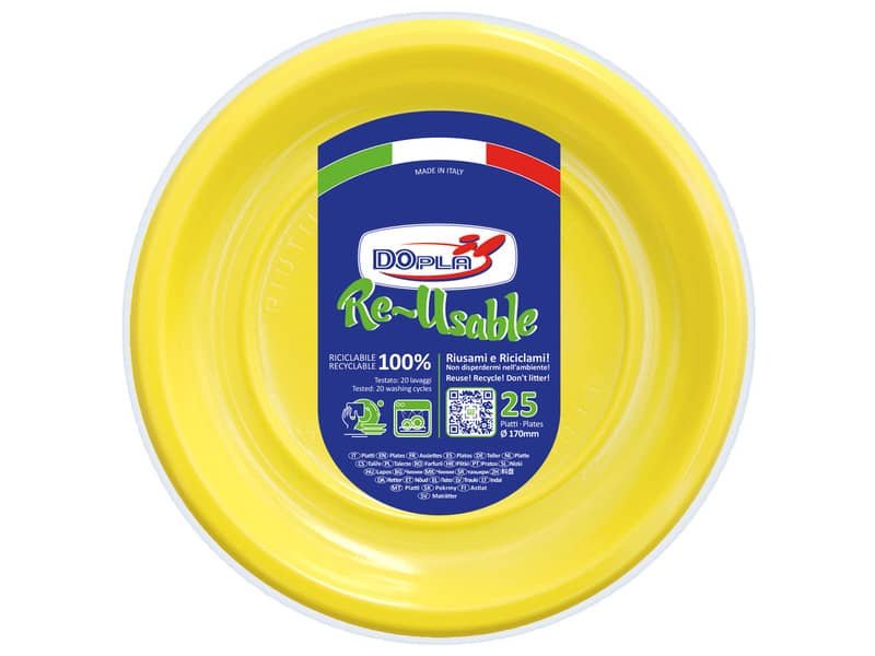 Piatti frutta gialli in polistirene h.18 mm conf. 25 pz Dopla Reusable  170 mm 11754