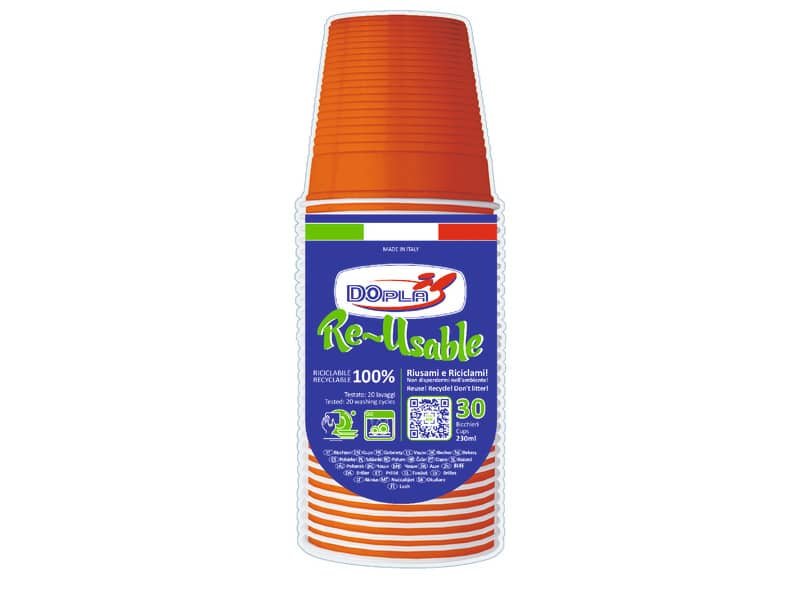 Bicchieri arancioni in polistirene conf. 30 pz Dopla Reusable 230 ml 22696