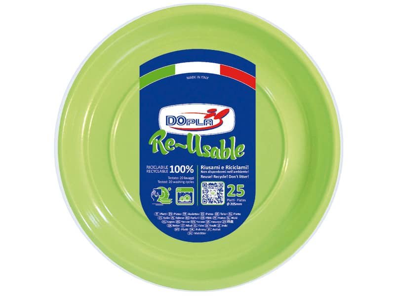 Piatti fondi verde acido in polistirene h.32 mm conf. 25 pz Dopla Reusable  205 mm – 11844