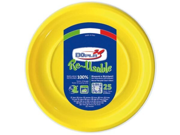 Piatti fondi gialli in polistirene h.32 mm conf. 25 pz Dopla Reusable  205 mm 11834