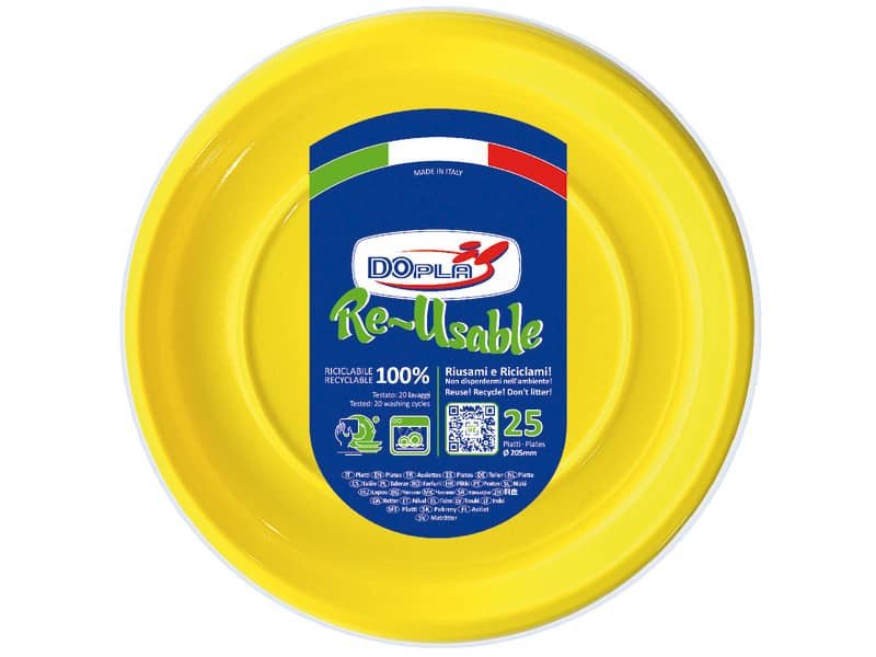 Piatti fondi gialli in polistirene h.32 mm conf. 25 pz Dopla Reusable  205 mm 11834
