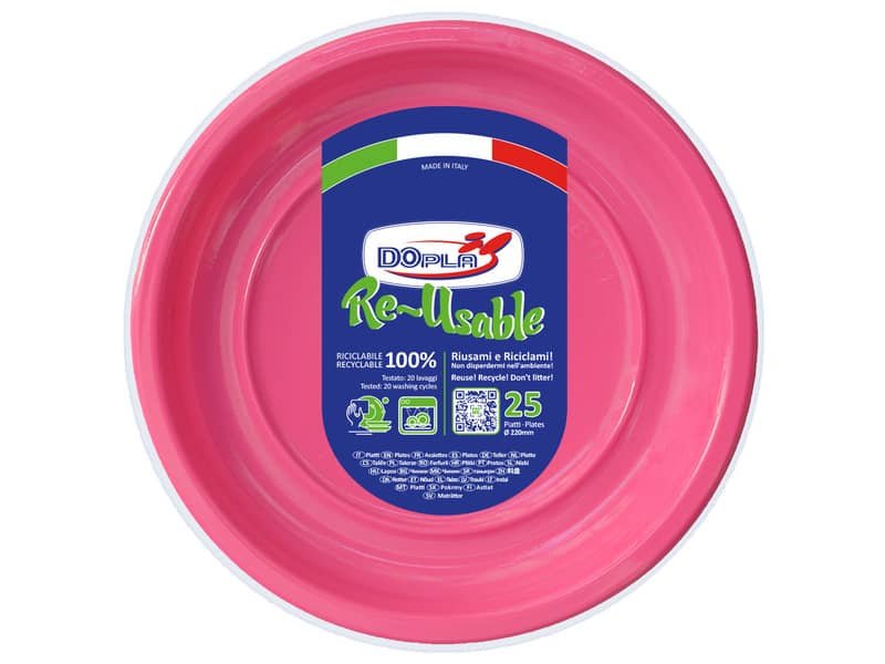 Piatti piani fucsia in polistirene h.19 mm conf. 25 pz. Dopla Reusable  220 mm 11831