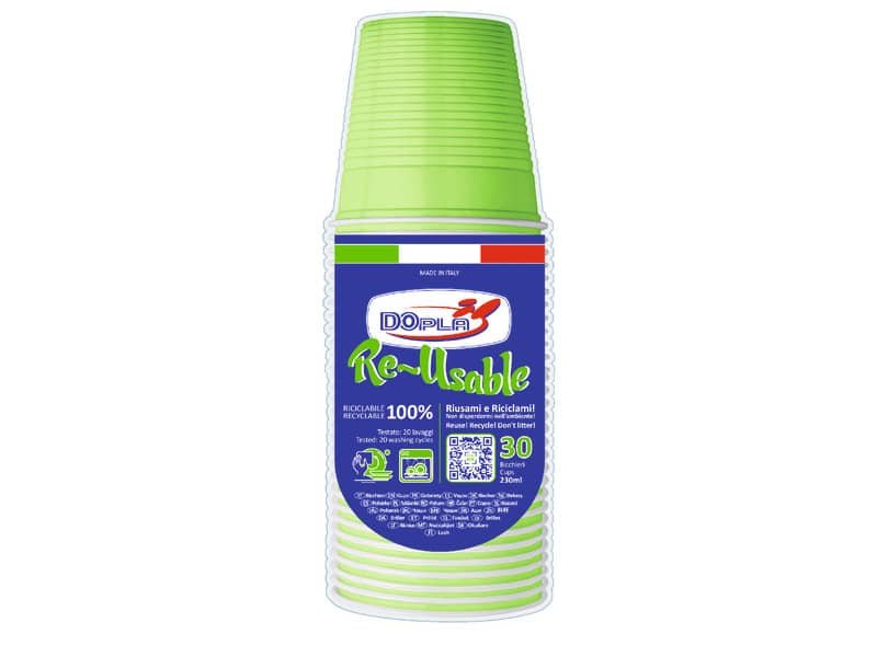 Bicchieri verde acido in polistirene conf. 30 pz Dopla Reusable 230 ml 22705