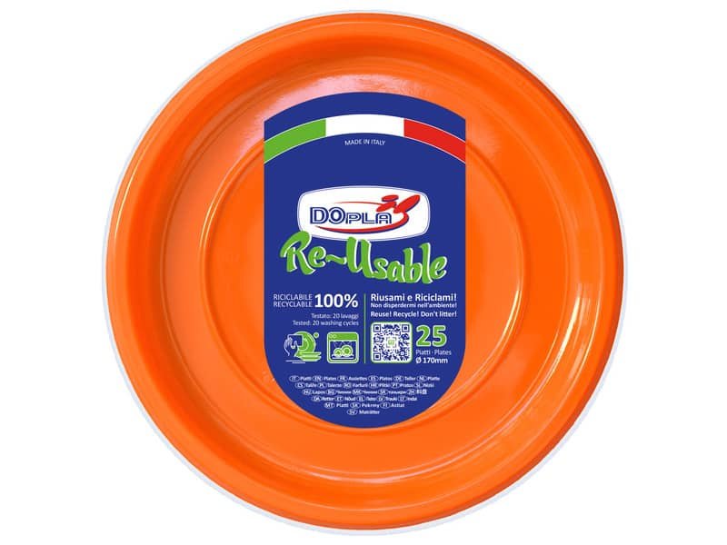 Piatti frutta arancioni in polistirene h.18 mm conf. 25 pz Dopla Reusable  170 mm – 11742