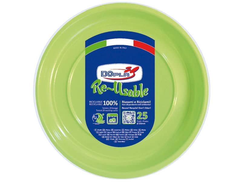 Piatti piani verde acido in polistirene h.19 mm conf. 25 pz Dopla Reusable  220 mm – 11843