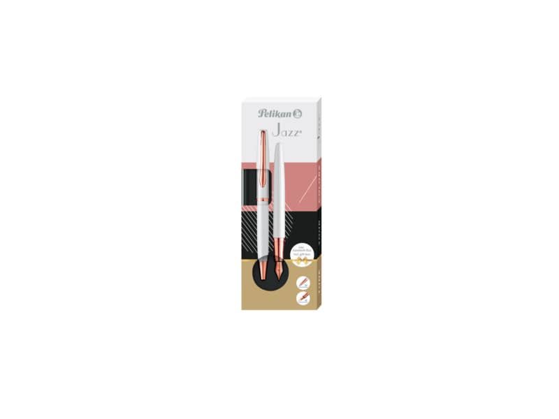 Set penna stilografica e sfera Pelikan Jazz© NobleÿElegance blu in cofanetto regalo fusto bianco perla e rosa 821865