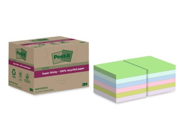 Foglietti riposizionabili Post-it©Super Sticky carta riciclata al 100% assortiti 76x76 mm - 12 blocchetti da 70 ff
