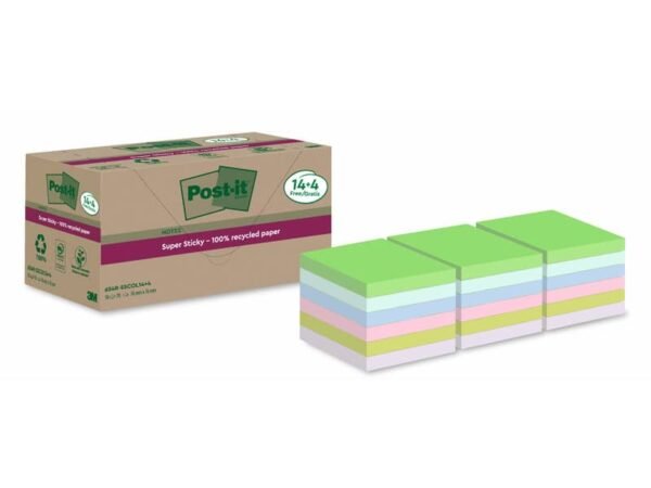 Foglietti riposizionabili Post-it©Super Sticky carta riciclata al 100% assortiti 76x76 mm - 18 blocchetti da 70 ff