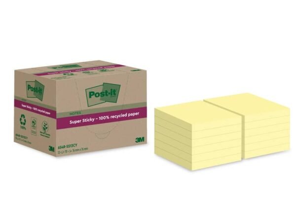 Foglietti riposizionabili Post-it© Super Sticky carta riciclata al 100% 76x76 mm Giallo Canary - 12 blocchetti da 70 ff