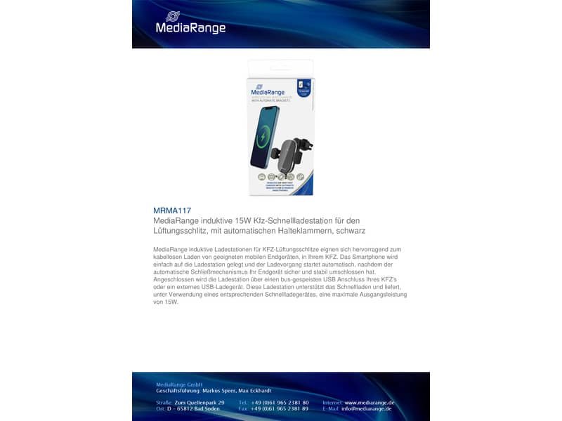 Supporto e caricatore smartphone per auto Media Range nero MRMA117