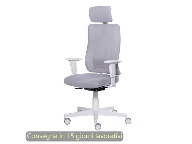 Poltrona semi-direzionale Liberty Syncro Seditaly scocca bianca tessuto ignifugo con poggiatesta grigio chiaro