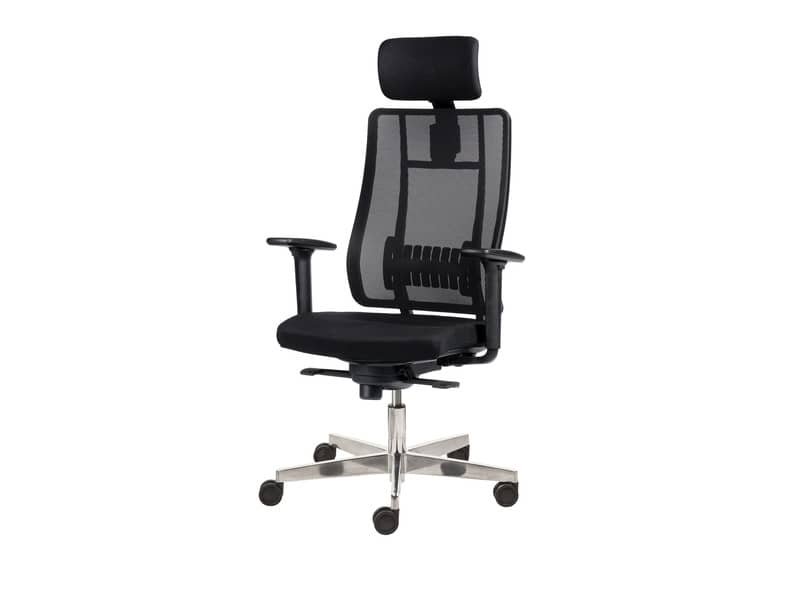 Poltrona semi-direzionale Liberty Syncro Seditaly tessuto ignifugo nero base alluminio con poggiatesta LTGPS18EGB1R1
