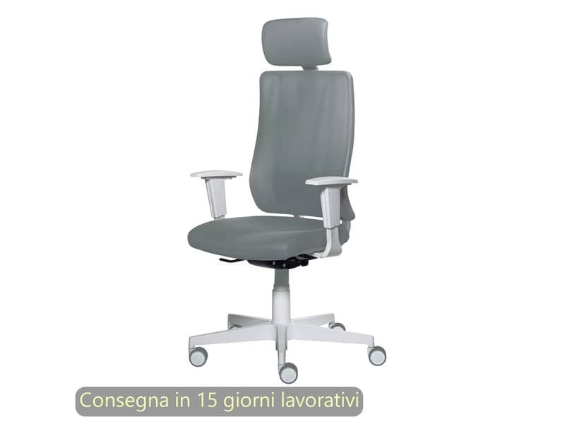 Poltrona semi-direzionale Liberty Syncro Seditaly scocca bianca tessuto ignifugo con poggiatesta grigio scuro