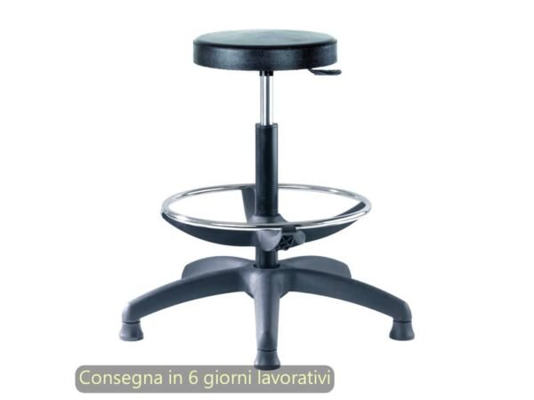 Sgabello tecnico Work 60  tondello in PU flessibile e lavabile nero Seditaly alto con poggiapiedi regolabile LBDSF0000PU01