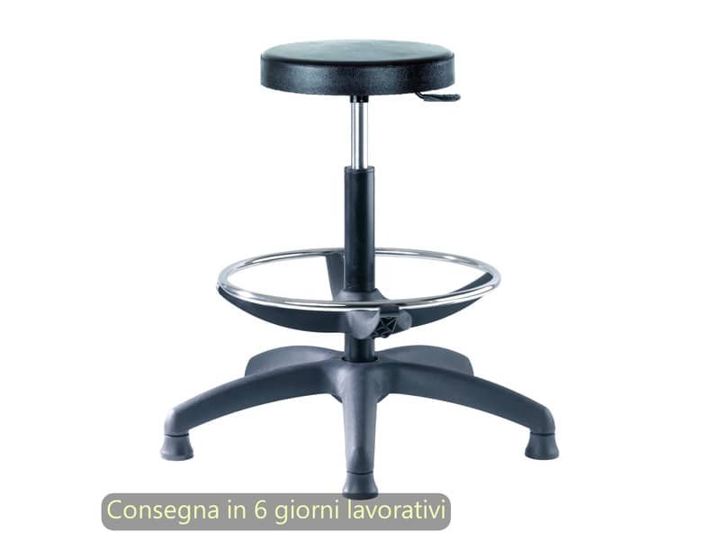 Sgabello tecnico Work 60  tondello in PU flessibile e lavabile nero Seditaly alto con poggiapiedi regolabile LBDSF0000PU01