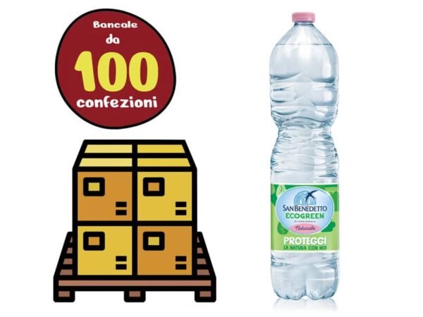 Bancale 100 confezioni da 6 bottiglie da 1,5 L di Acqua Minerale Naturale San Benedetto. Fonte Benedicta Scorz‚ (VE). La linea Ecogreen prevede plastica sostenibile creata per ridurre l'impatto ambientale e compensare il 100% delle emissioni CO2.