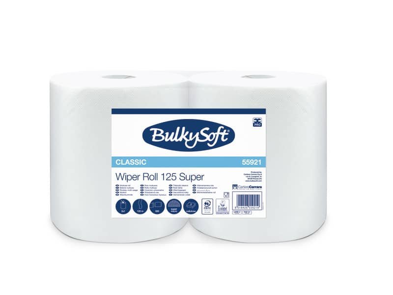 Bobina multiuso 2 veli Wiper 125 m in cellulosa – bianco – Bulkysoft conf. 2 rotoli – 55921.E10