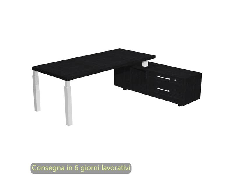 Scrivania manageriale con mobile di servizio nero ven.frassino 225x170xH76,2 cm gamba sez. quadrata bianca Flora