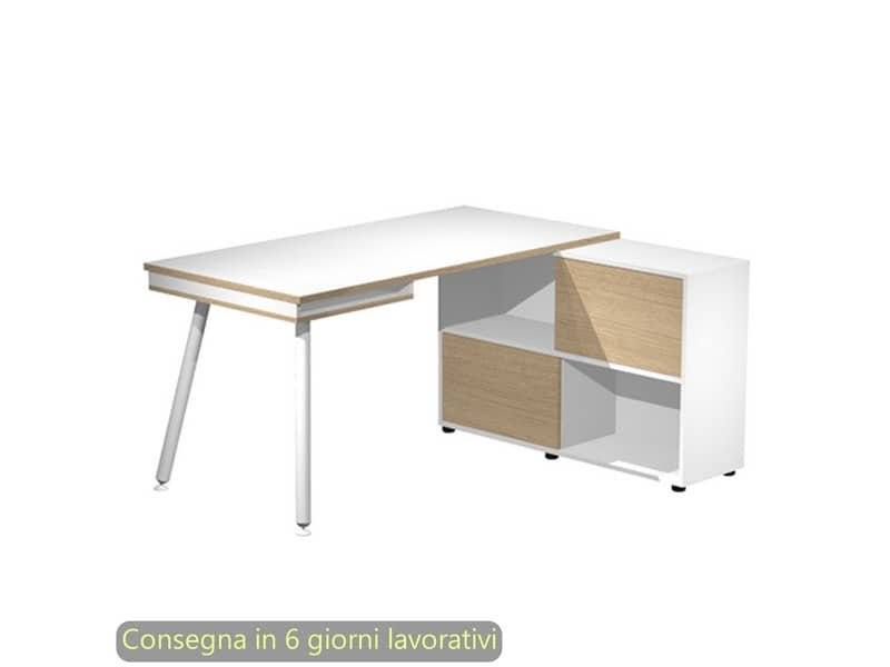 Scrivania su mobile contenitore bianco e rovere gamba tubolare in metallo bianco 160x140xH.81,5 cm Maxi – 19130-DJ-3C-AN