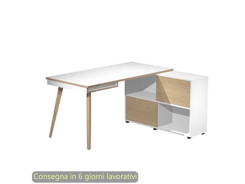 Scrivania Maxi su mobile contenitore e gambe rastremate in legno bianco/rovere 160x140xH.81,5 cm – 19130-DK-3C-AQ