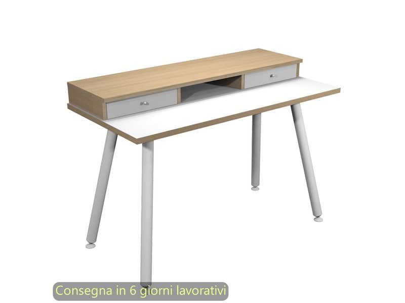 Scrivania gambe in metallo 120x60xH.74,4cm bianco/rovere Artexport con sopralzo con 2 cassetti – 207-DJB-AN
