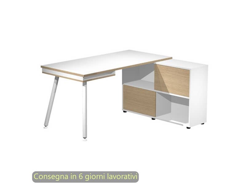 Scrivania su mobile contenitore bianco e rovere gamba tubolare in metallo bianco 130x120xH.81,5 cm Maxi – 20080-DJ-3C-AN