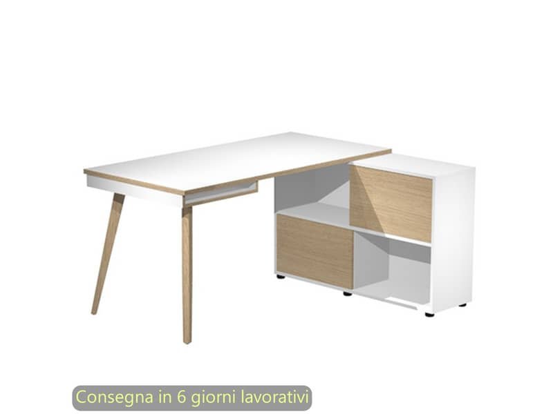 Scrivania Midi su mobile contenitore e gambe rastremate in legno bianco/rovere 130x120xH.81,5 cm – 20080-DK-3C-AQ