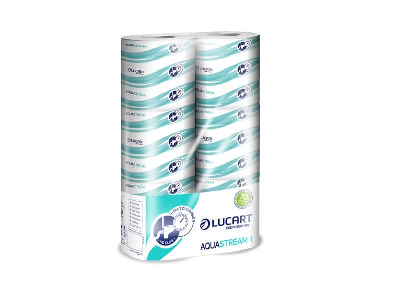 Carta igienica fascettata Aquastream 2 veli – formato hotel – 200 strappi – Lucart Professional – conf. 6 rotoli