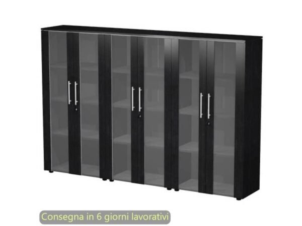 Composizione 3 mobili medi con ante vetro/melam. 162,8x43xH.158,2 cm Flora Artexport nero venato frassino