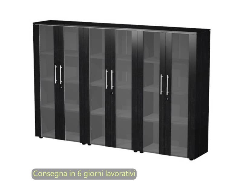 Composizione 3 mobili medi con ante vetro/melam. 162,8x43xH.158,2 cm Flora Artexport nero venato frassino