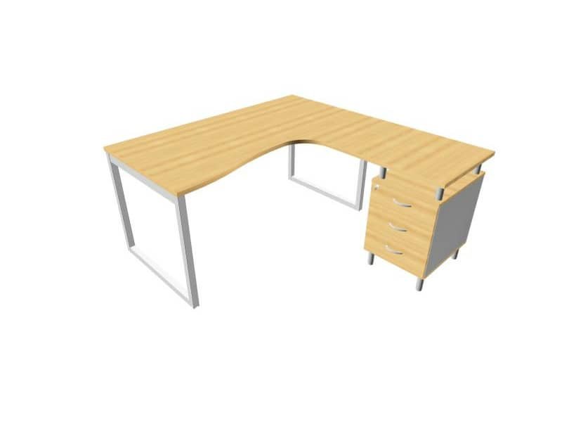 Scrivania con cassettiera a destra piano faggio 160x165xH.75 cm gamba ad anello acciaio argento PractikaP2 ECSAT17D-FA-A