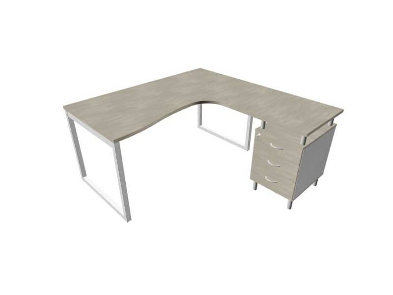 Scrivania con cassettiera a destra piano cemento 160x165xH.75 cm gamba ad anello acciaio argento PractikaP2 ECSAT17D-CL-