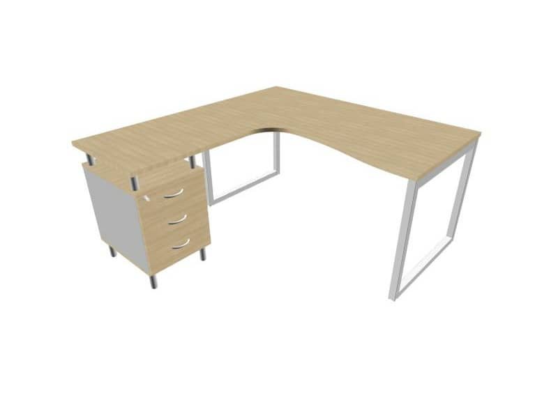 Scrivania con cassettiera sinistra piano rovere 160x165xH.75 cm gamba ad anello acciaio argento PractikaP2 ECSAT17S-RK-A