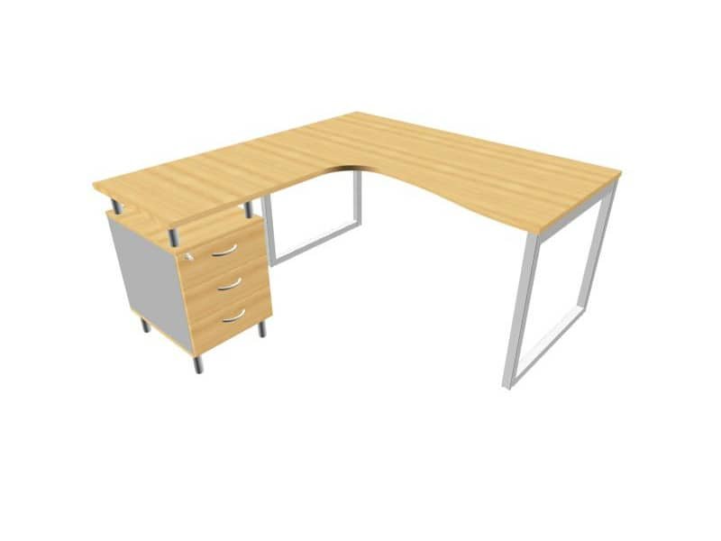 Scrivania con cassettiera sinistra piano faggio 160x165xH.75 cm gamba ad anello acciaio argento PractikaP2 ECSAT17S-FA-A