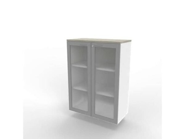 Armadio medio ante vetro telaio MDF, top cemento scocca bianca 90x45xH.123,2 cm Practika Quadrifoglio - ECEM90T-CL-BA-V3