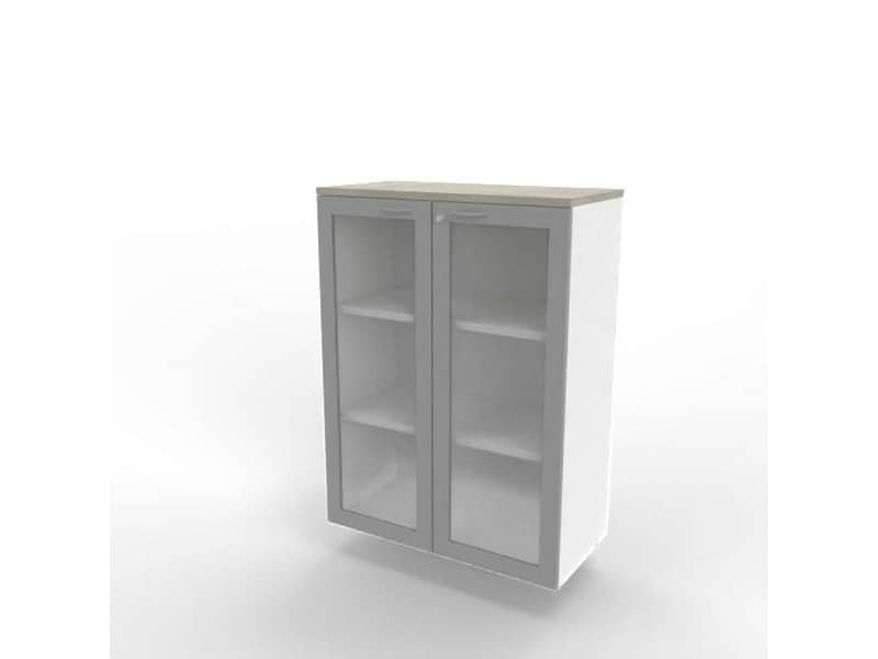 Armadio medio ante vetro telaio MDF, top cemento scocca bianca 90x45xH.123,2 cm Practika Quadrifoglio – ECEM90T-CL-BA-V3